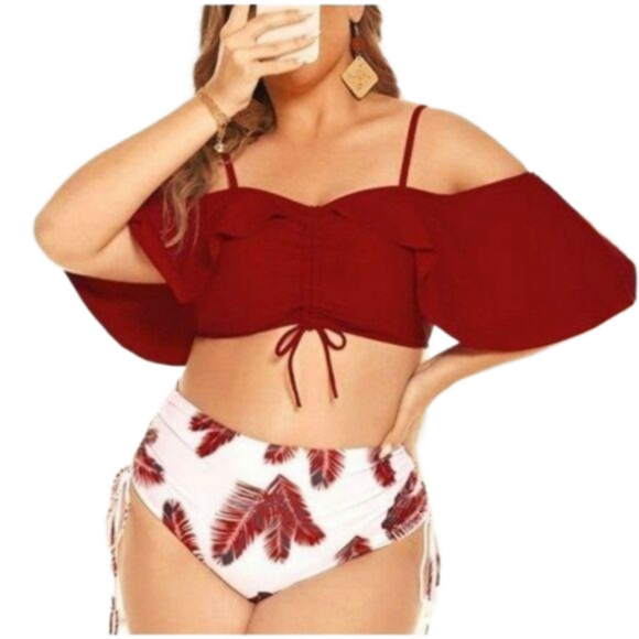 Plus Size Colorblock Tropical Print Drawstring Bikini Set sz 3X